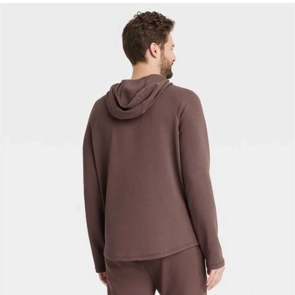 Heavy Waffle HOODED Sweatshirt All in Motion 2 pocket BROWN Thumbholes Sz Small